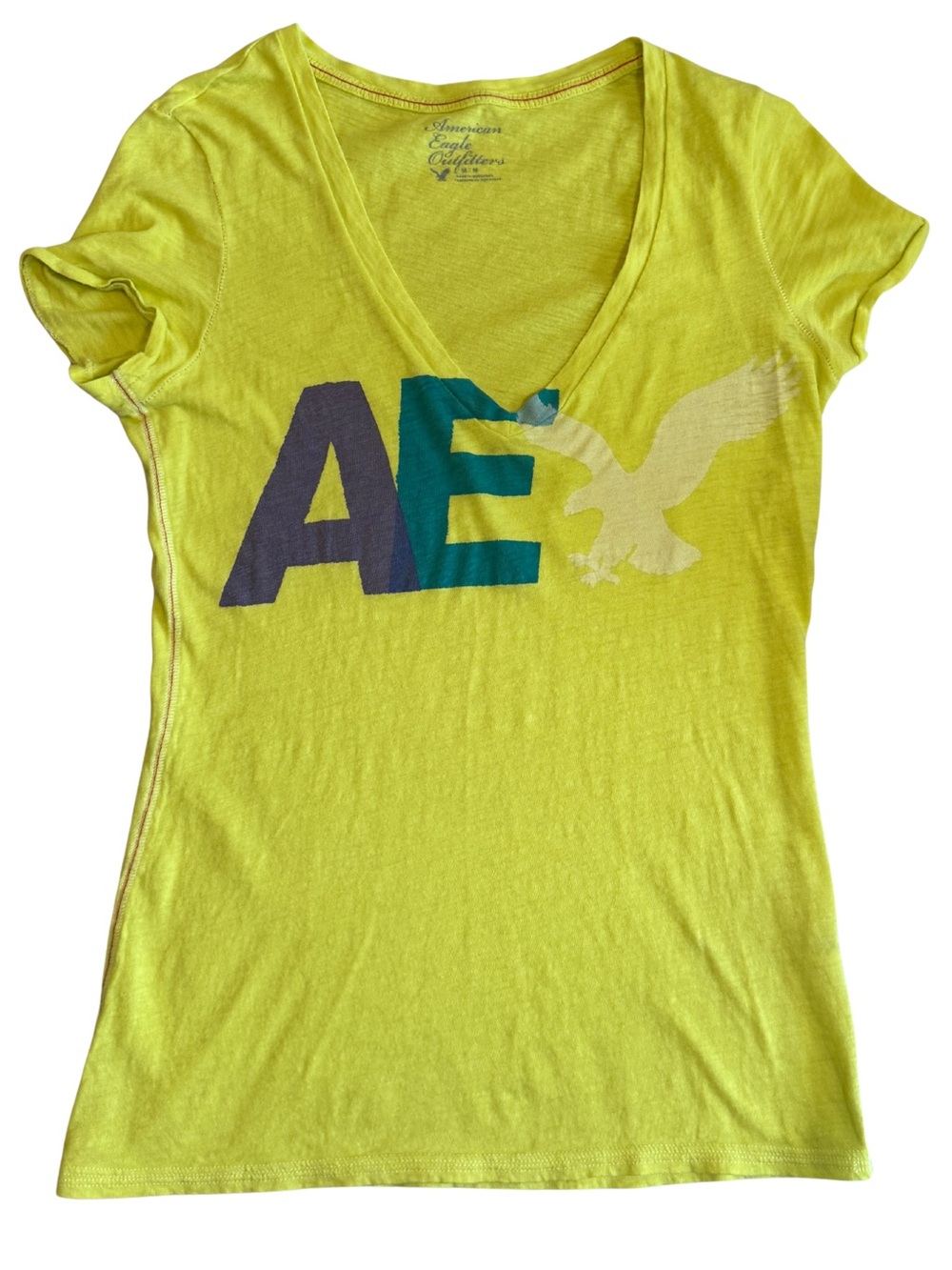 American Eagle Outfitters AE Logo Eagle V-Neck T-Shirt Women's Size Medium Neon